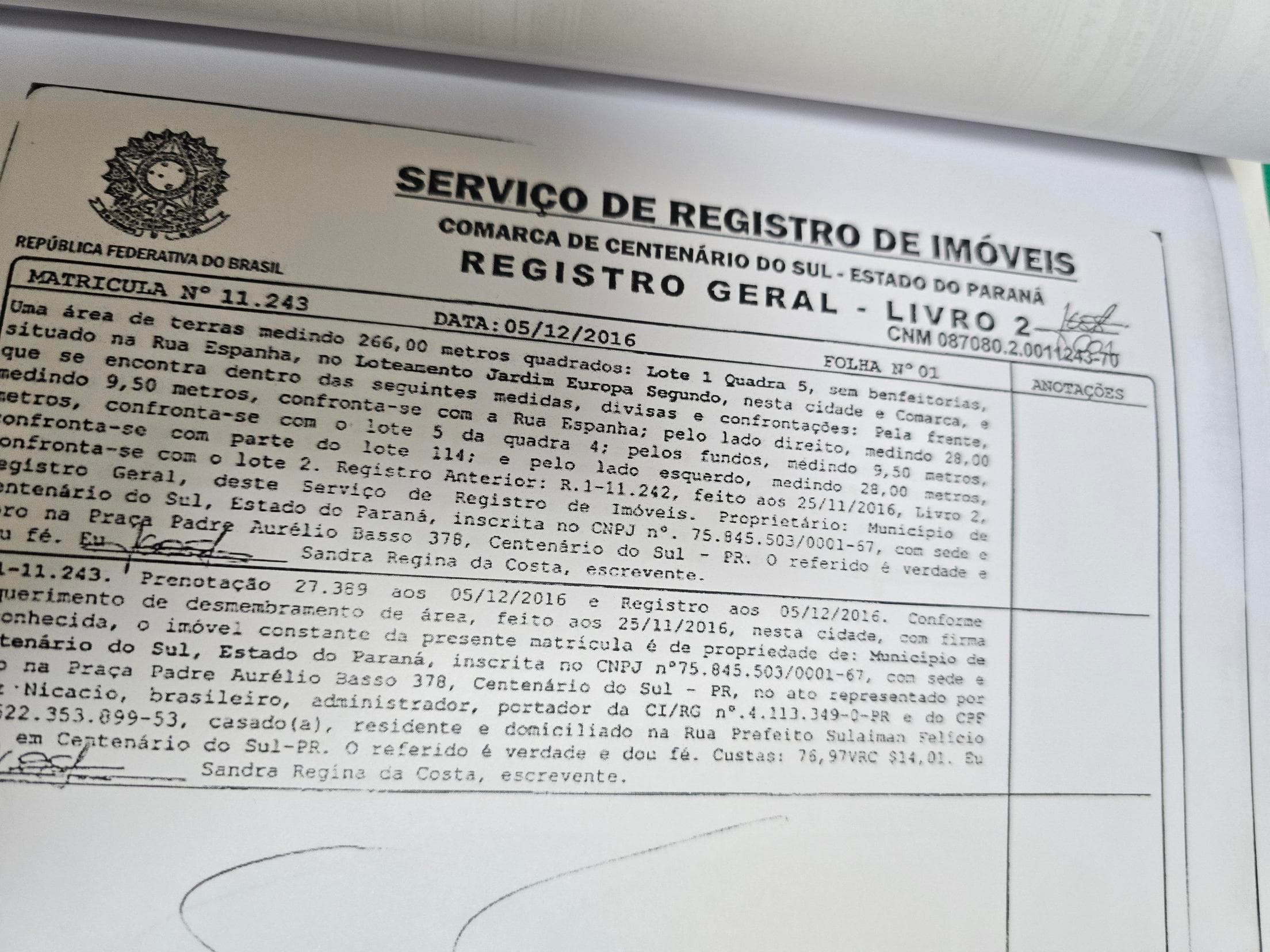 Foto 2 de 3: Terreno em leilão em Centenário Do Sul - PR, bairro Jardim Europa Ii — Imóvel Matricula: 11.243 do R.I.