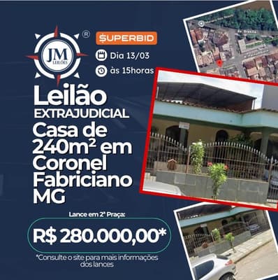 Foto 1 de 5: Casa em leilão em Coronel Fabriciano - MG, bairro Amaro Lanari — Residência de 240m² em Coronel Fabriciano MG, Rua Pernambuco, nº 374