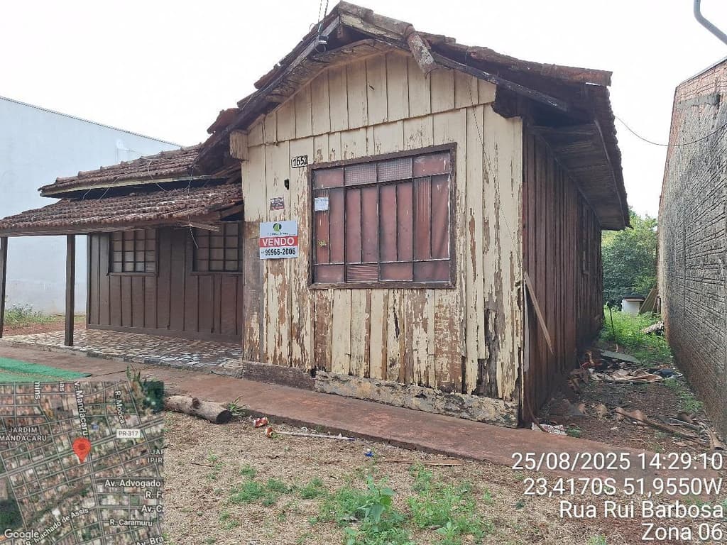 Foto 1 de 5: Terreno em leilão em Maringá - PR — Parte ideal de 50% de 1/3 do terreno, com área de 609,00m², contendo uma construção residencial de madeira com área total de 84,00m², localizado à Rua Rui Barbosa, 1644 Maringá/PR