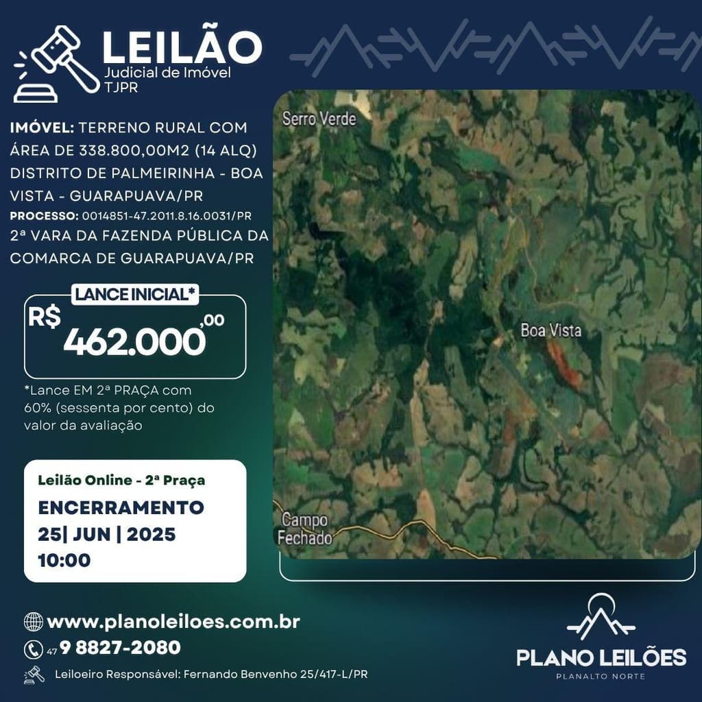 Foto 1 de 2: Area Rural em leilão em Guarapuava - PR — Área Rural Guarapuava - 338.800,00m2, 14,0 alqueires