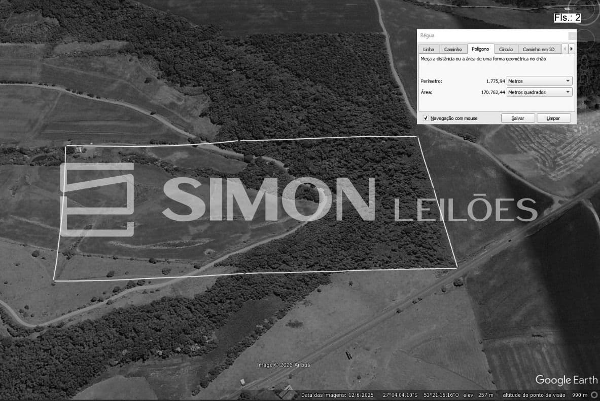 Area Rural em leilão em Riqueza - SC — Penhora apenas da área de 170.735m², parte dos Lotes Coloniais nº 44 e 45, da Linha São Pedro divisa entre os municípios de Mondaí e Riqueza, localizado no município de Riqueza/SC conforme R-09 da mat