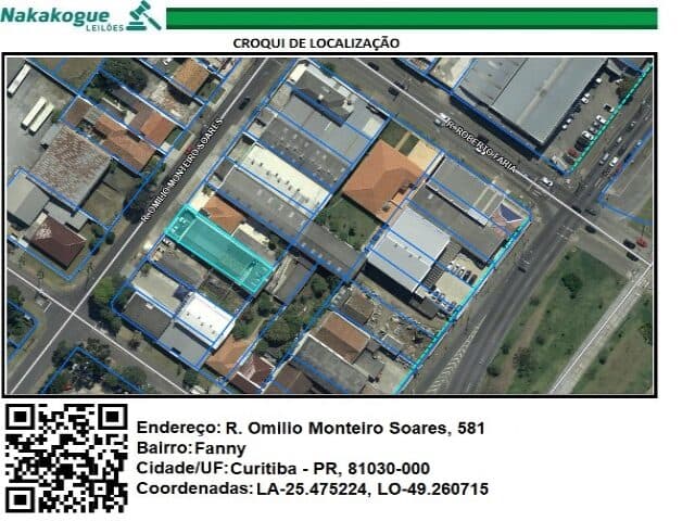 Foto 1 de 10: Terreno em leilão em Curitiba - PR — IMOVEL: LOTE DE TERRENO SOB NO 17, QUADRA NO 43 DA PLANTA FANNY NO 1, MEDINDO 12,00M. DE FRENTE PARA A RUA OMILIO MONTEI